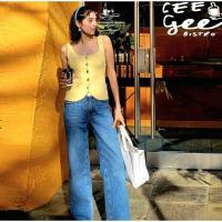 OUWU-Chaleco sin mangas de punto amarillo crema sólido para mujer, camiseta sin mangas con botones de una hilera y cuello cuadrado, Tops elegantes - details 13