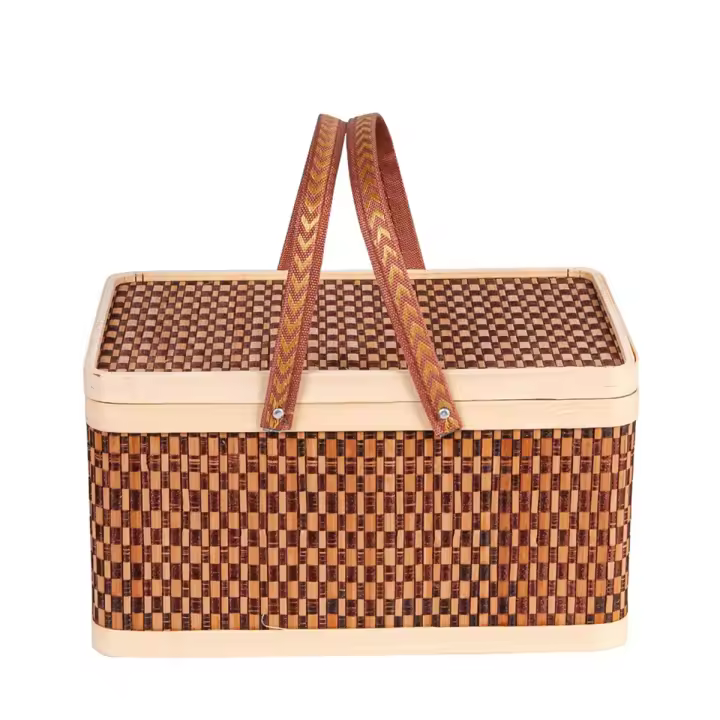 Cesta de bambú tejida Natural con tapa, cesta de Picnic de bambú, aperitivos de mano, almacenamiento de pan, nueva - 1