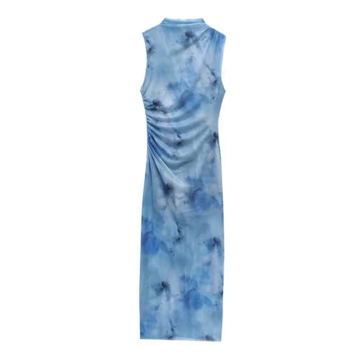 BUNO-moda de verano para mujer, vestido plisado estampado ajustado sexy, vestido largo hasta el tobillo sin mangas con cremallera elegante para mujer - 1