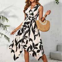 Falda media falda larga sin mangas con estampado de hojas, vestido irregular de giro, sentido del diseño de las mujeres de primavera y verano - details 1