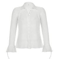 BUNO-Camisas acampanadas de manga larga con solapa y botones para mujer, blusas informales fruncidas transparentes, cubierta de playa, verano y otoño - details 12