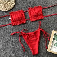 bañador unicolor para mujer, conjunto de Bikini brasileño Sexy con Tanga, traje de baño con cordones, ropa de playa 2025 - details 6