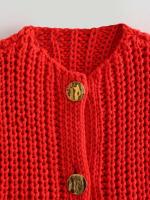 Chaleco de Punto sin Mangas de Moda Coreana para Mujer Cuello en V, Botón Azul, Bolsillos de Adelante, Rojo - details 15