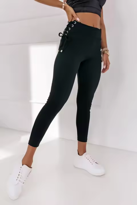 Elrachen Leggings acanalados con cordones laterales para mujer, negro, tallas S-XL - 1