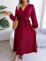 Vestido largo plisado de manga larga con cuello en V elegante para mujer - details 23