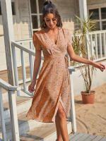 Vestido elegante de fiesta en la playa Serie A Manga corta Cuello en V Estampado floral bohemio Adecuado para mujeres - details 3