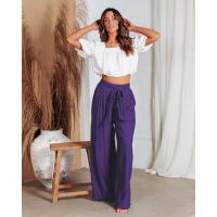 Pantalones elegantes de pierna ancha y cintura alta para mujer, clásicos de verano en color morado - details 2