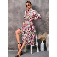Vestido casual elegante de manga larga para mujer con estampado de hojas elegante - details 2