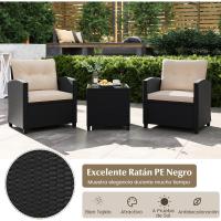 Conjunto de jardín exterior de ratán de 3 piezas, 1 mesa auxiliar de vidrio templado y 2 sillas con cojines, muebles de jardín terraza balcón exterior (negro) - details 20