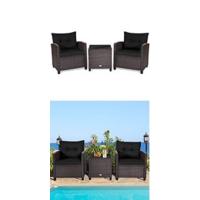 Conjunto de Muebles de Jardín 3 Piezas, 2 Sillones de Polirratán y 1 Mesa con Tablero de Cristal, Juego de Bistro con Cojines, Mesa y Silla para Terraza, Jardín, Patio - details 2