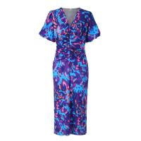 Vestido de Verano 2025 para Mujer Estampado Azul, Cuello en V, Ajuste Delgado, Envoltura de Cadera, Manga Corta - details 4