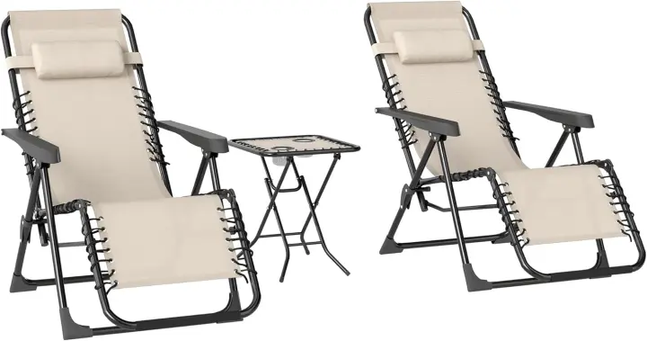 Set de 2 Tumbonas Jardín Exterior Plegables con Mesa Auxiliar Portavasos Tumbonas de Gravedad Cero con Respaldo Ajustable Reposabrazos Extraíble para Patio Piscina Terraza Exterior Beige - 1