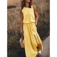 2025 verano nueva ropa de mujer europea y americana vestido sin mangas con cuello redondo vestido largo de color sólido multicolor con puntas divididas. - details 4