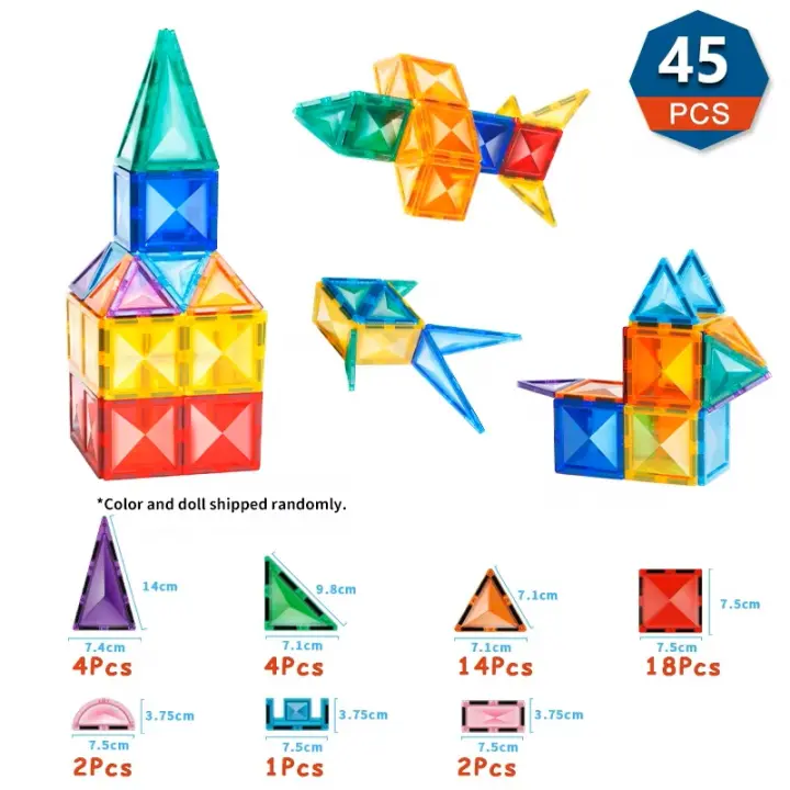 Bloques de construcción magnéticos Montessori para niños, juego de apilamiento educativo, azulejos magnéticos, construcción sensorial, regalos para niños, 45 piezas - 1