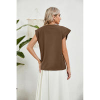 BUNO-2025 Tops para mujer, pantalón corto informal de moda de verano, camisetas básicas con textura a rayas de Color sólido y cuello redondo - details 24