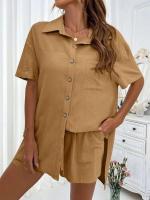 Conjunto de camisa de dos piezas de color sólido con pantalones cortos de moda para mujer, informal, suelto, manga corta, una sola fila - details 1