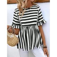 Nuevo Vestido camisero de verano para mujer, cuello redondo, manga con volantes, holgado, cómodo, a rayas - details 15