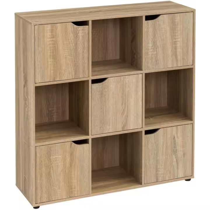 Estantería de Madera Natural Diseño de Cube con Puertas y Compartimentos Abiertos - 1