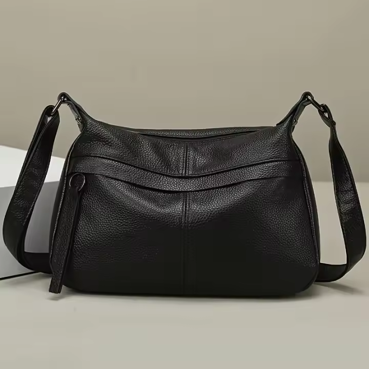 Bolso bandolera de piel auténtica para mujer, correa de hombro ajustable, diseño minimalista de gran capacidad, cierre de cremallera, capa de piel de vaca suave, blanco/negro, fabricado en Guangzhou, bolso de viaje versátil, accesorio elegante, costuras d - 1