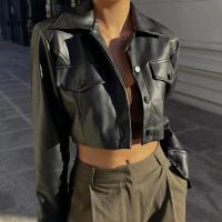 Chaqueta Corta de Moda Otoñal Cuello Doblado Estilo Y2K Abrigo Casual de PU con Decoración de Botón - details 2