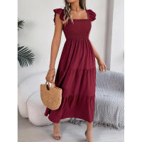 Elegante vestido largo de verano para mujer en color liso con escote cuadrado y aros decorativos, sin mangas, corte ajustado. - details 20