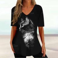 Camiseta Gráfica de Gato Kawaii Manga Corta, Estampado Haruku, Cuello en V, Ropa Suelta para Mujeres - details 20