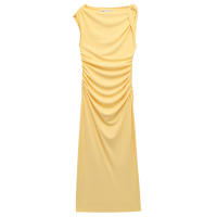 Vestido Amarillo TRAF Para Mujer Elegante Midi Asimétrico Sin Mangas Vestido De Verano 2025 Con Volantes Y Cintura Natural - details 2