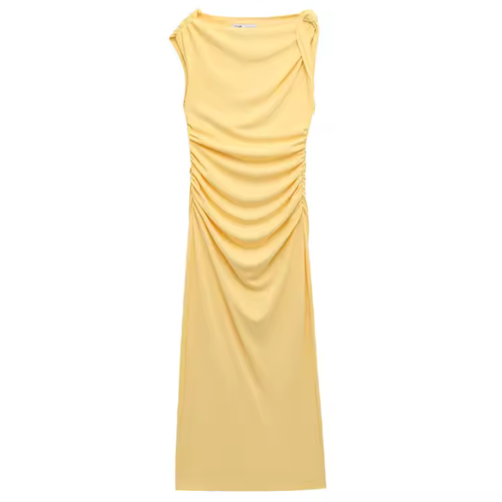 Vestido Amarillo Para Mujer Elegante Midi Asimétrico Sin Mangas Vestido De Verano 2025 Con Volantes Y Cintura Natural - 1