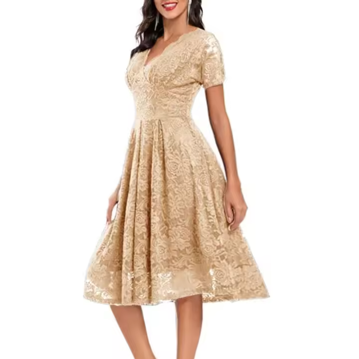 Elegante Vestido de Fiesta de Encaje para Mujer 2024 Cuello en V con Aretes Cintura Alta Manga 3/4 - 1