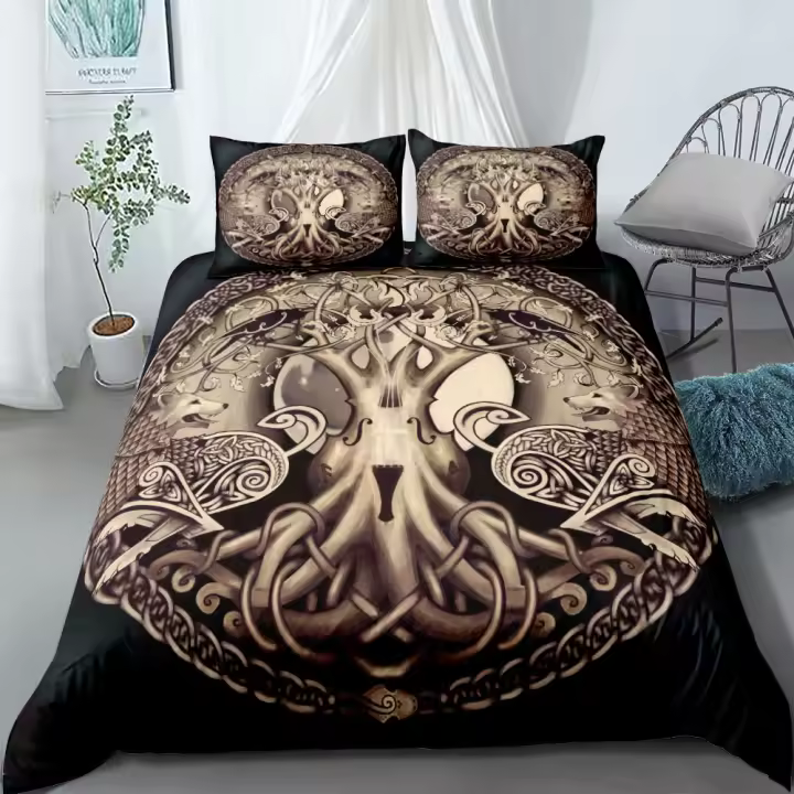 Juego de cama vikingos Yggdrasil Fenrir Wolf, King Queen, doble, tamaño completo, individual, símbolos de mitología, juego de ropa de cama con runas - 1