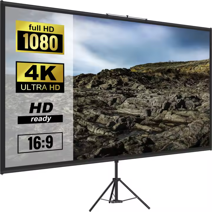 SucceBuy Pantalla de proyector con trípode y soporte: 80 pulgadas 16:9 4K HD. Sin arrugas, altura ajustable. Portátil para uso interior y exterior. Ideal para cine, cine en casa, juegos y oficina. - 1