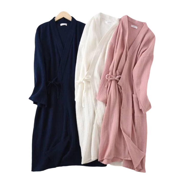 Nueva bata de algodón crepé japonesa para parejas, primavera-otoño, bata de hombre y kimono para mujer, ropa de dormir