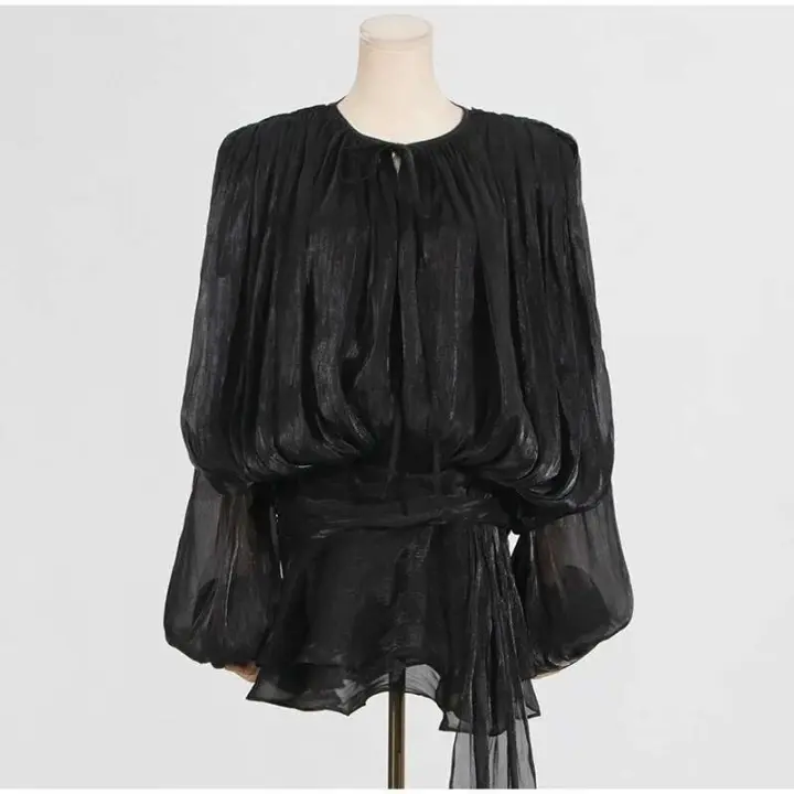 Minivestido elegante con dobladillo con volantes, cuello redondo, con cordones, blusa holgada, Vestidos de gasa lisos con mangas acampanadas, vestido de señora nueva de primavera 2025 - 1