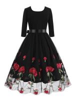 Elegante Vestido de Malla Bordada de Rosa Vestido de Fiesta de Otoño con Cinturón - details 2