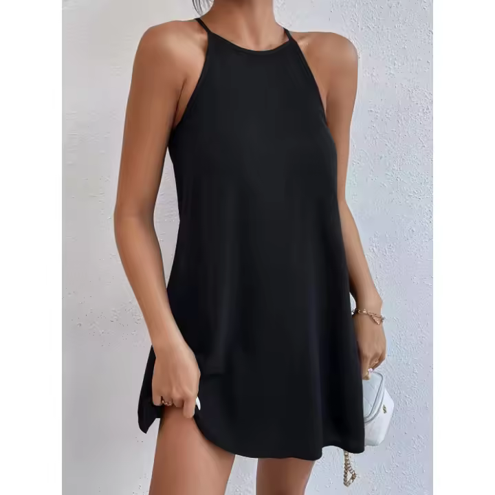 Minivestido casual sin mangas con tirantes acampanados y cuello halter - 1