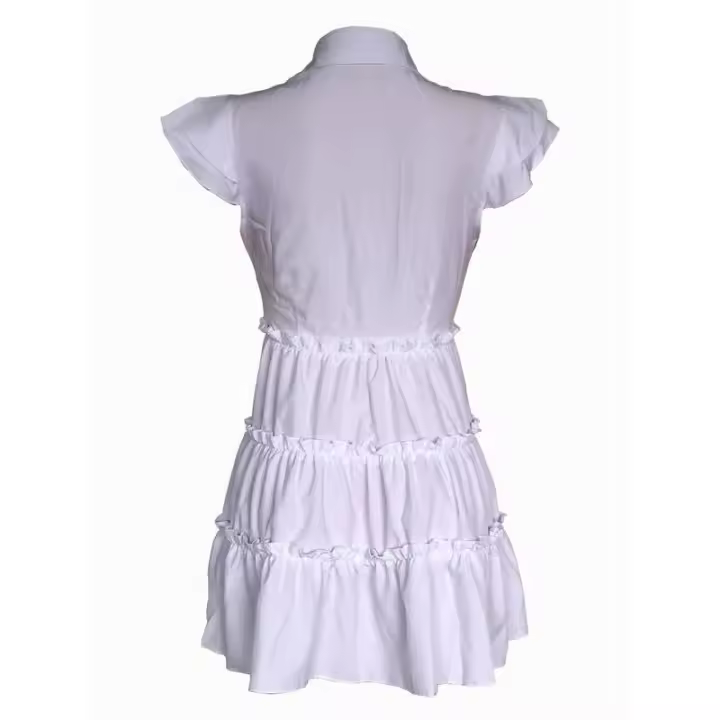 Vestido corto con ribete de volantes y botones en la parte delantera de manga en capas lisas para mujer, vestido informal de manga corta con cuello para verano, vestidos que ocultan la barriga para mujer, vestidos de verano 2025 - 1