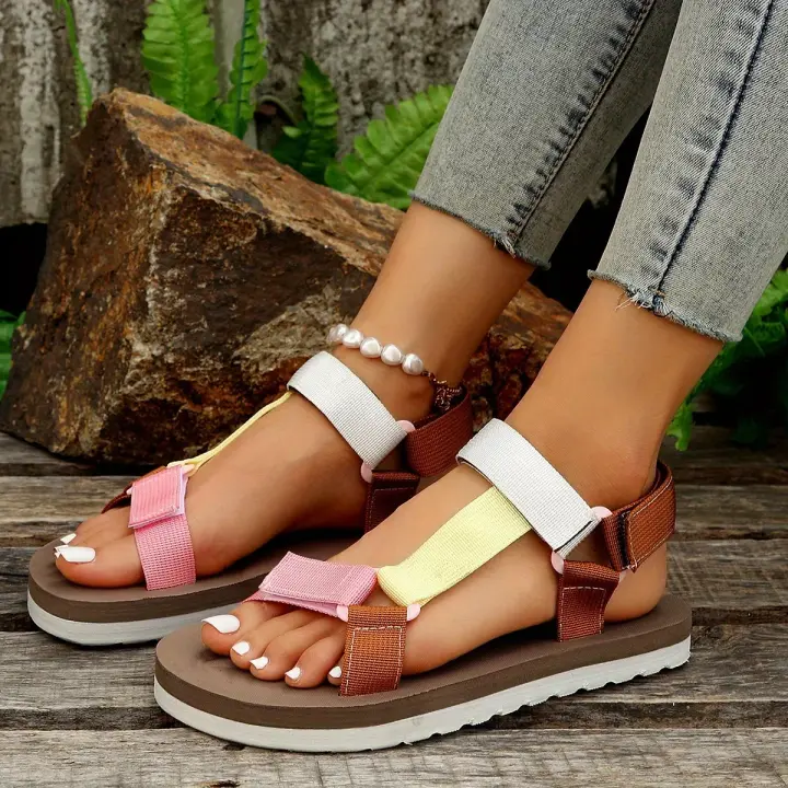 Women's Fashion Colorblock Flat Sandals Open Toe Hook & Loop Strap Non Slip Shoes Casual Outdoor Sports Sandals - 1