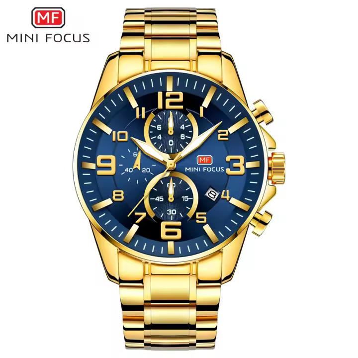 Reloj de lujo para hombre dorado, esfera grande y llamativa, luminoso, resistente al agua, de acero inoxidable, éxito de ventas en Oriente Medio para hombre de negocios. - 1