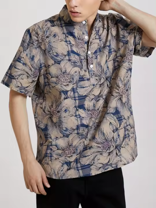 Camiseta cómoda con estampado de flores para hombre, camiseta gráfica, ropa de verano para exteriores, Tops - 1