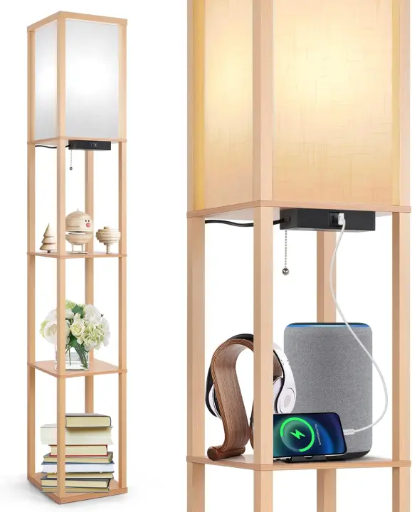 Lámpara de Pie con Carga y Control Remoto Estantería de Madera, LED Regulable de 4 Temperaturas de Color Ideal para Sala de Estar, Dormitorio, Oficina Decoración Vintage - 1