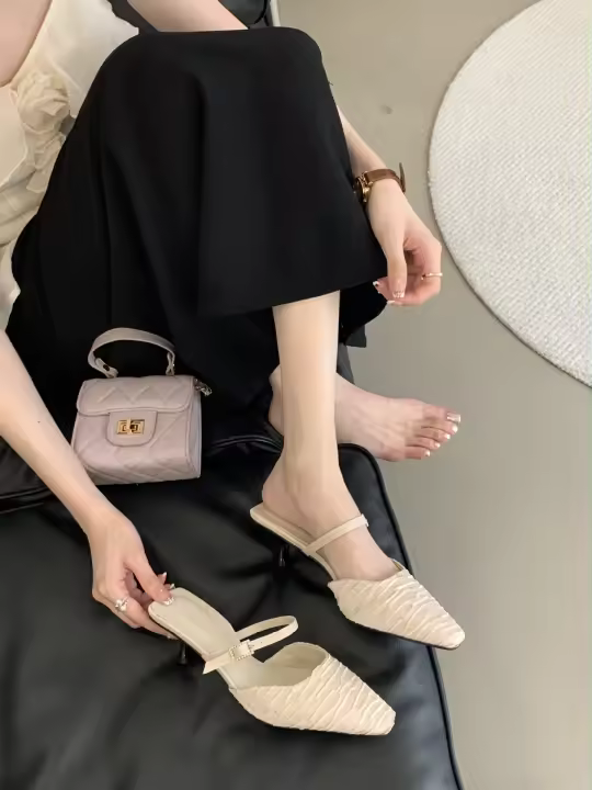 Hada francesa viento punta cabeza bolsa cabeza media zapatillas mujer usando nuevo tacón delgado arrugado zapatillas geniales - 1