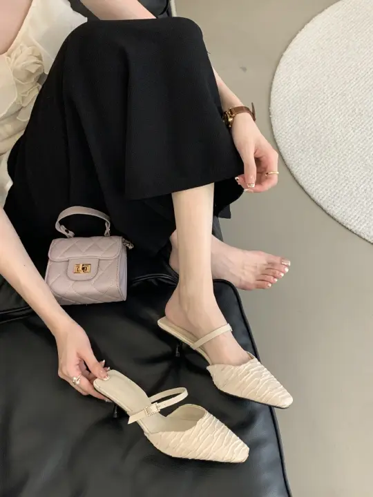 Hada francesa viento punta cabeza bolsa cabeza media zapatillas mujer usando nuevo tacón delgado arrugado zapatillas geniales - 1