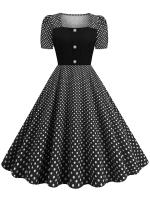 Women summer casual polka dot print short sleeve a line party vintage elegant midi dress - details 6