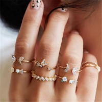 Juego de Anillos de Zirconia Boho Color Oro Letra de Cristal Amor Luna Arco Flor - details 5