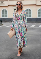 Vestido de manga larga con cuello en V estampado informal para vacaciones de otoño a la moda para mujer - details 4