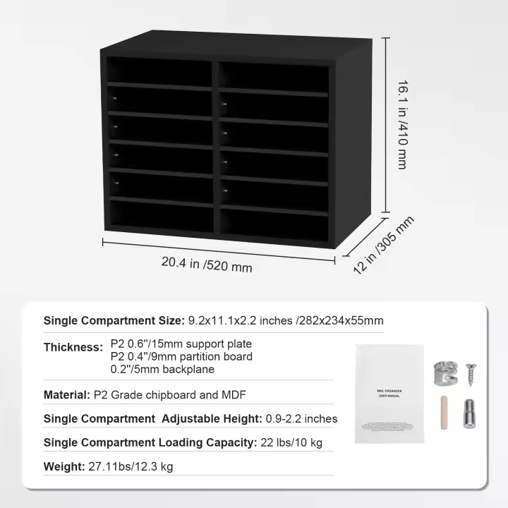 SucceBuy Organizadores de literatura, buzón de oficina de 12 compartimentos con estantes ajustables, clasificador de madera de 20,4 x 12 x 16,1 pulgadas para oficina, hogar, aula, organización de buzón, certificado EPA, marrón - 1