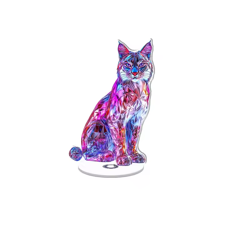 Adorno acrílico giratorio que muestra un lince Tsushima de cuerpo entero en fucsia brillante con detalles brillantes y un efecto de luz brillante sobre un fondo blanco. - 1