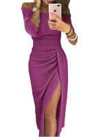 BUNO-Vestido de moda informal para mujer, vestido largo de fiesta de noche ajustado de manga larga con hombros descubiertos para mujer Vestidos de tubo divididos asimétricos - details 21