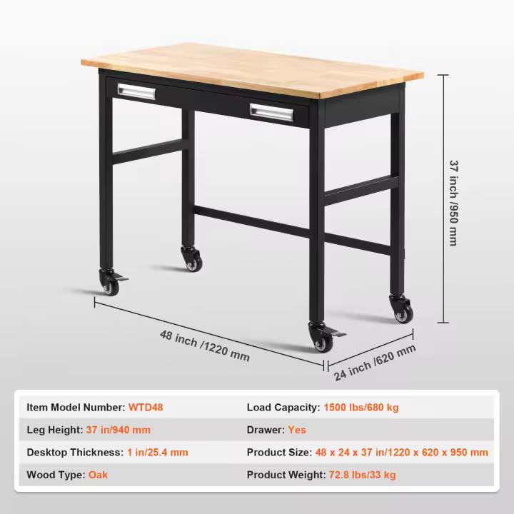 SucceBuy Banco de trabajo ajustable, tomas de corriente, tapa de madera dura, marco de metal, almohadillas para los pies, oficina/hogar/garaje - 1