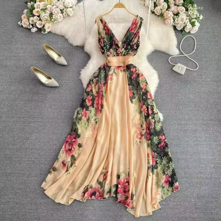 Vestido Largo Medio de Verano Estampado de Pasillo Chifón sin Mangas para Mujeres Moda de Moda - 1